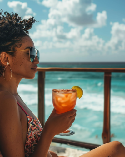 A woman with a cocktail drink in hand with a beach in Tulum as her backdrop.