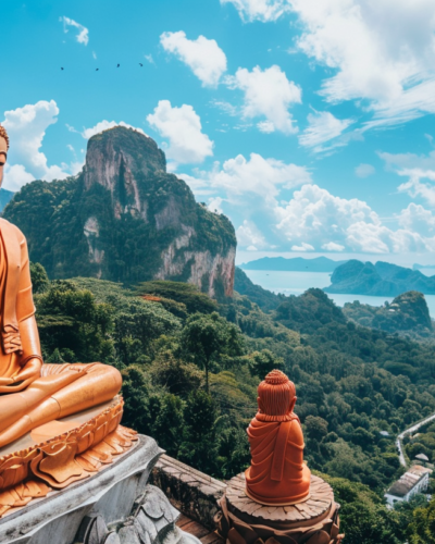 Buddha Overlooks Thailand's Tranquil Seascape.