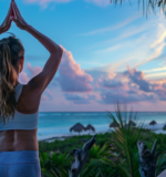 Morning yoga on Tulum Beach offers tranquility and a stunning sunrise backdrop.