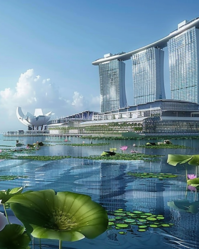 Singapore's Marina Bay Sands Amidst Floral Tranquility.