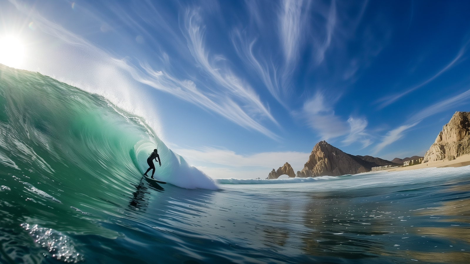 Surfer catching wave at Costa Azul with Arch of Cabo San Lucas in the distance