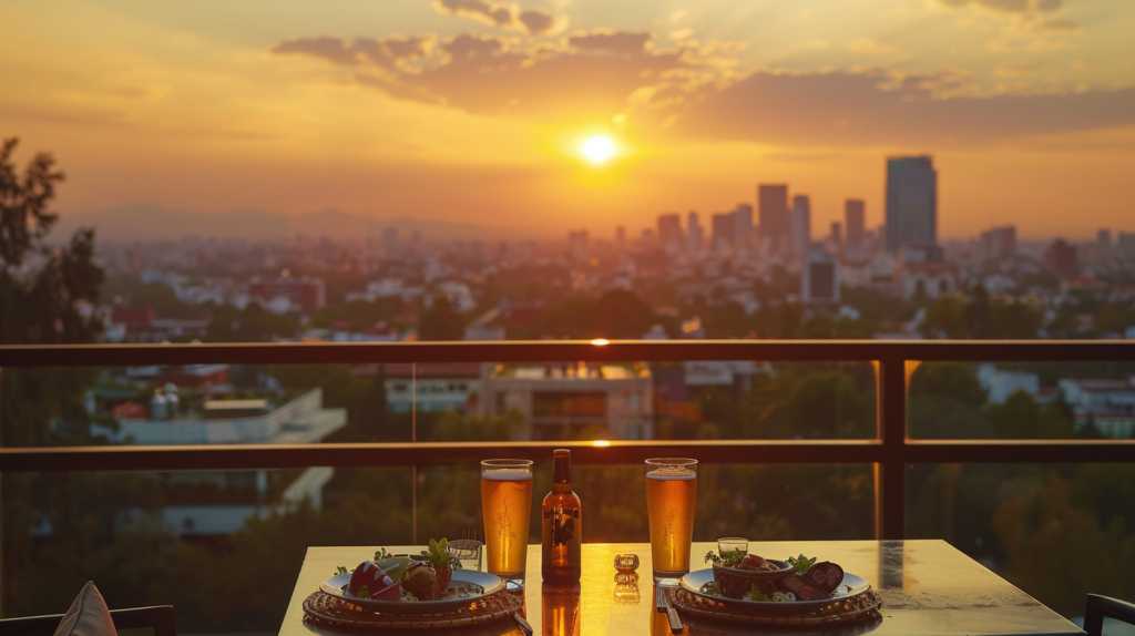 Guests enjoying Tempus craft beer on a balcony in Polanco, Mexico City, with a sunset view of the cityscape, showcasing luxury and local culture.