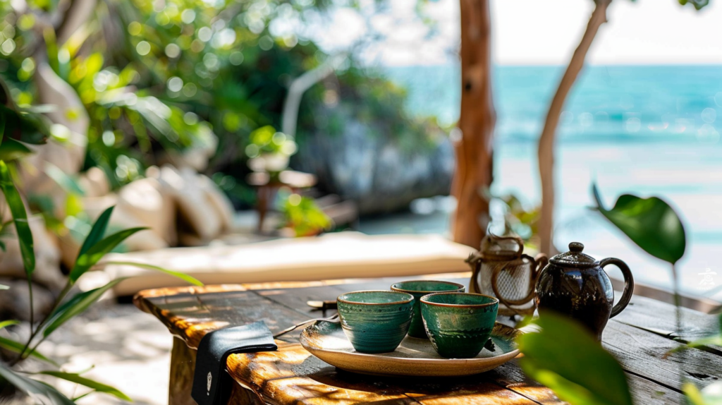 A peaceful afternoon tea session at a Tulum beachfront Casai property with Florité tea, highlighting the blend of luxury and nature.