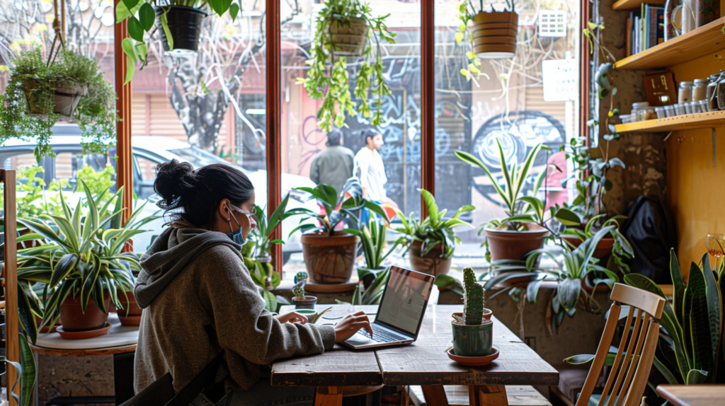 A digital nomad works on their laptop in a cozy, art-filled café in Condesa, Mexico City, symbolizing the blend of work and leisure in lifestyle travel.