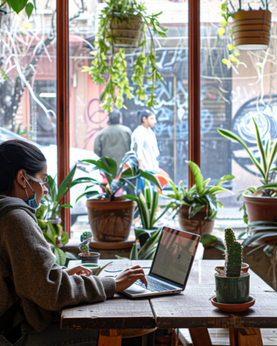 A digital nomad works on their laptop in a cozy, art-filled café in Condesa, Mexico City, symbolizing the blend of work and leisure in lifestyle travel.