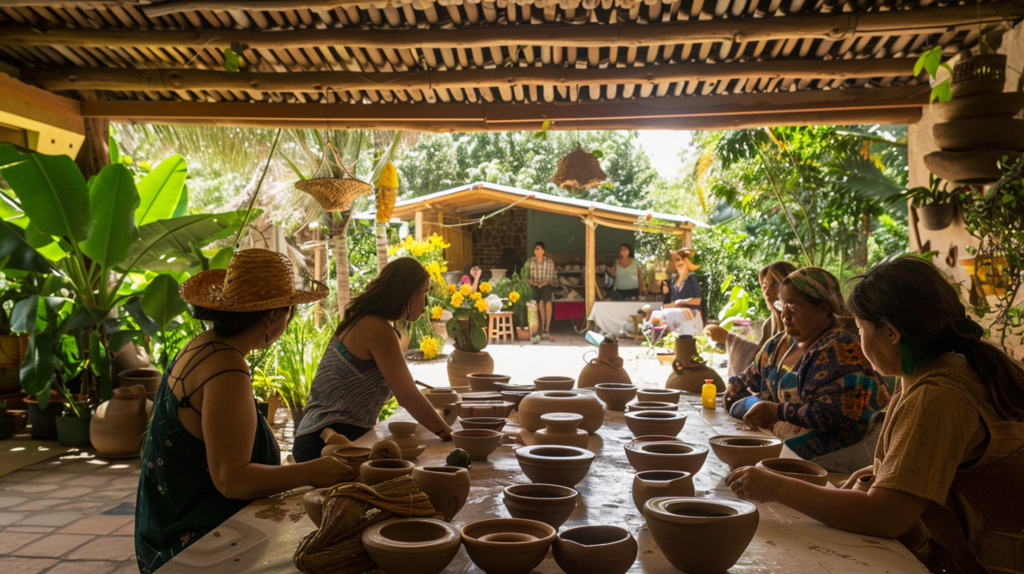 A traveler participates in a traditional pottery workshop in Oaxaca, engaging with local artisans in a sustainable tourism experience.