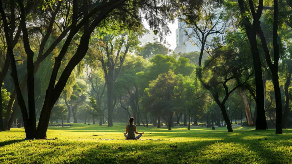 A lifestyle traveler finds tranquility practicing yoga in Bosque de Chapultepec with Mexico City's skyline in the background, showcasing the harmony between urban living and nature.