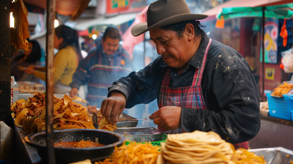 A traveler enjoys tacos al pastor from a street vendor in Mercado Roma, Mexico City, immersed in the vibrant atmosphere of a local culinary exploration.
