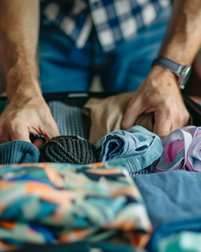 Close-up of a tourist packing a suitcase with lightweight clothing and beach accessories, demonstrating efficient organization for a tropical trip.