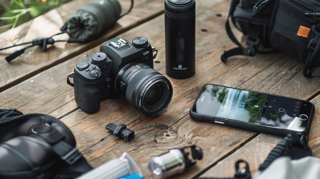 A variety of essential travel gadgets including a camera, portable charger, and water filter laid out on a wooden surface, ready for a trip to Puerto Vallarta.