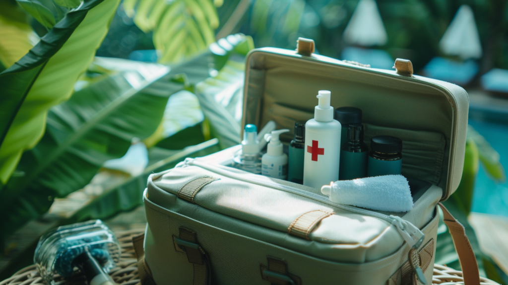 An open first aid kit displaying essential items such as sunscreen and mosquito repellent, crucial for the tropical climate of Puerto Vallarta.