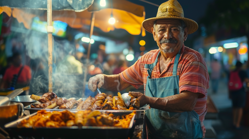 A street food vendor in Puerto Vallarta serving traditional tacos al pastor, captured in a vibrant and candid street scene.