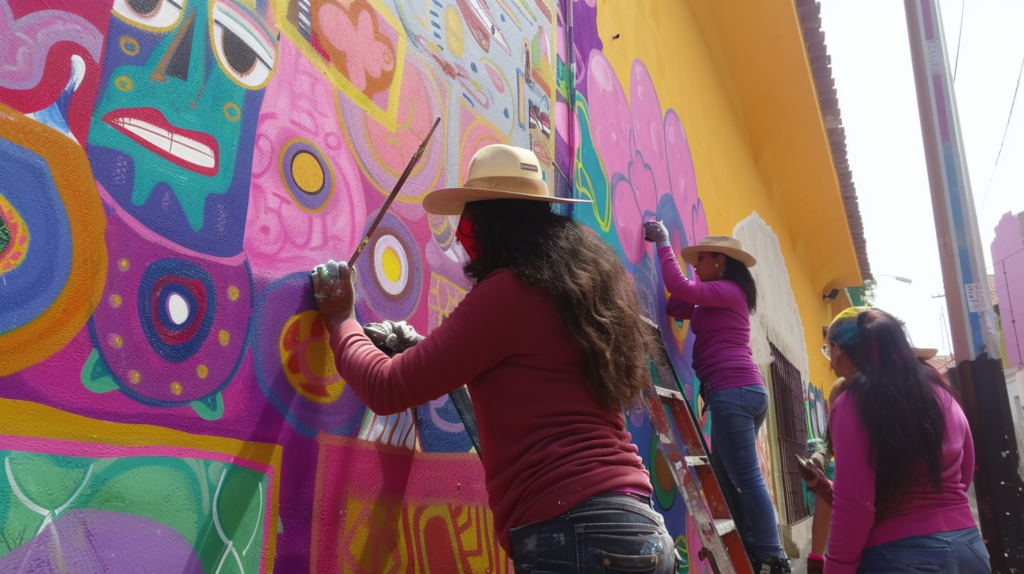 Local artists actively paint a colorful mural in Puerto Vallarta’s Zona Romántica, showcasing artistic expression in real-time.
