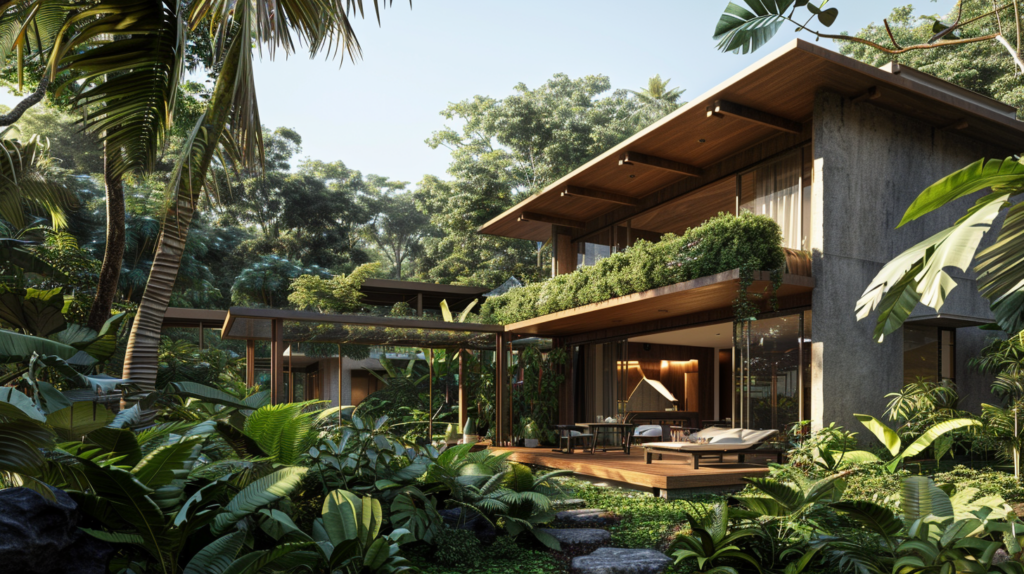 An eco-friendly villa in Puerto Vallarta surrounded by lush vegetation, highlighting sustainable architecture and natural beauty.