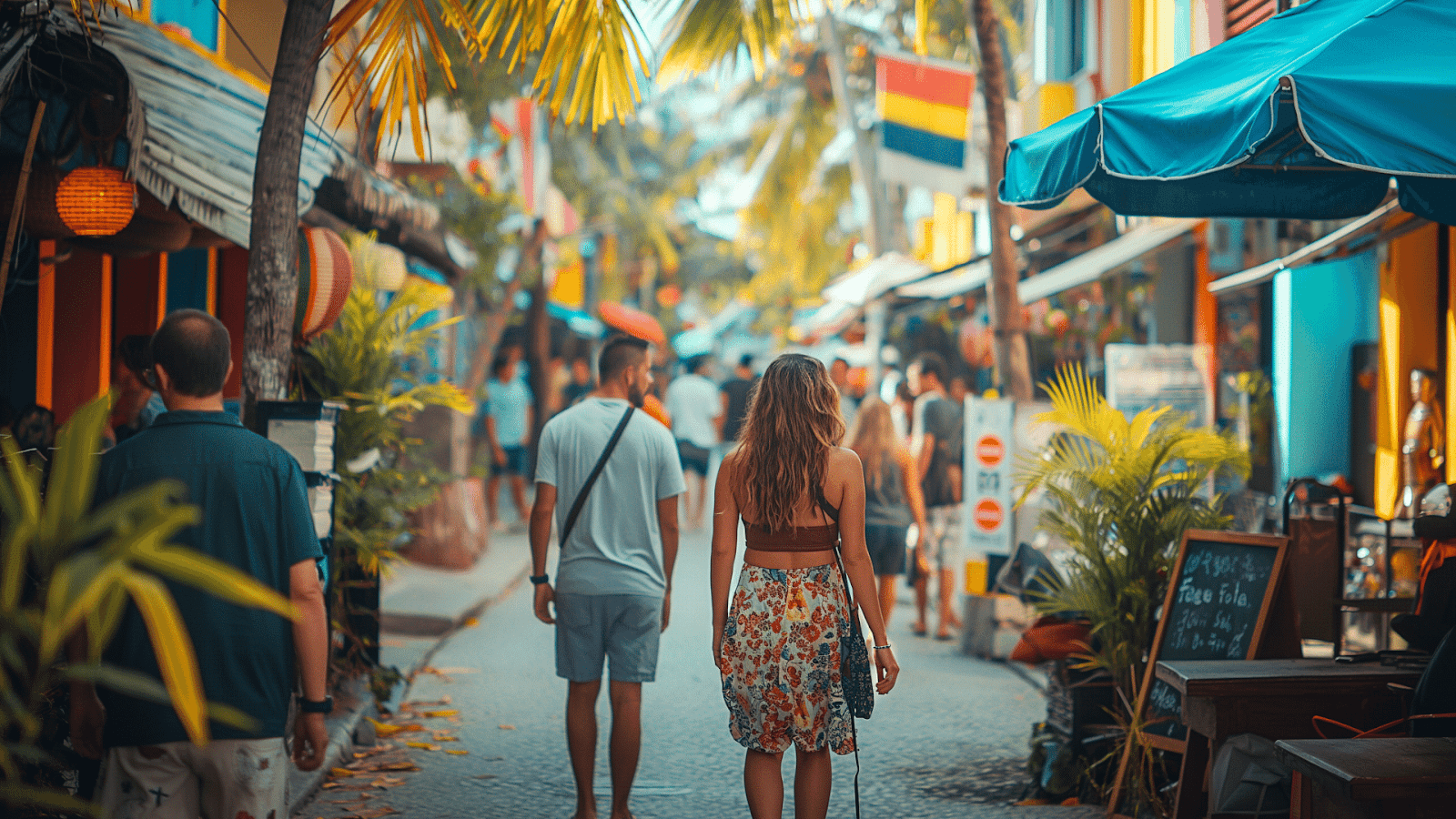 A couple strolls through a lively street market, one of many fun things to do in summer in the Maldives.