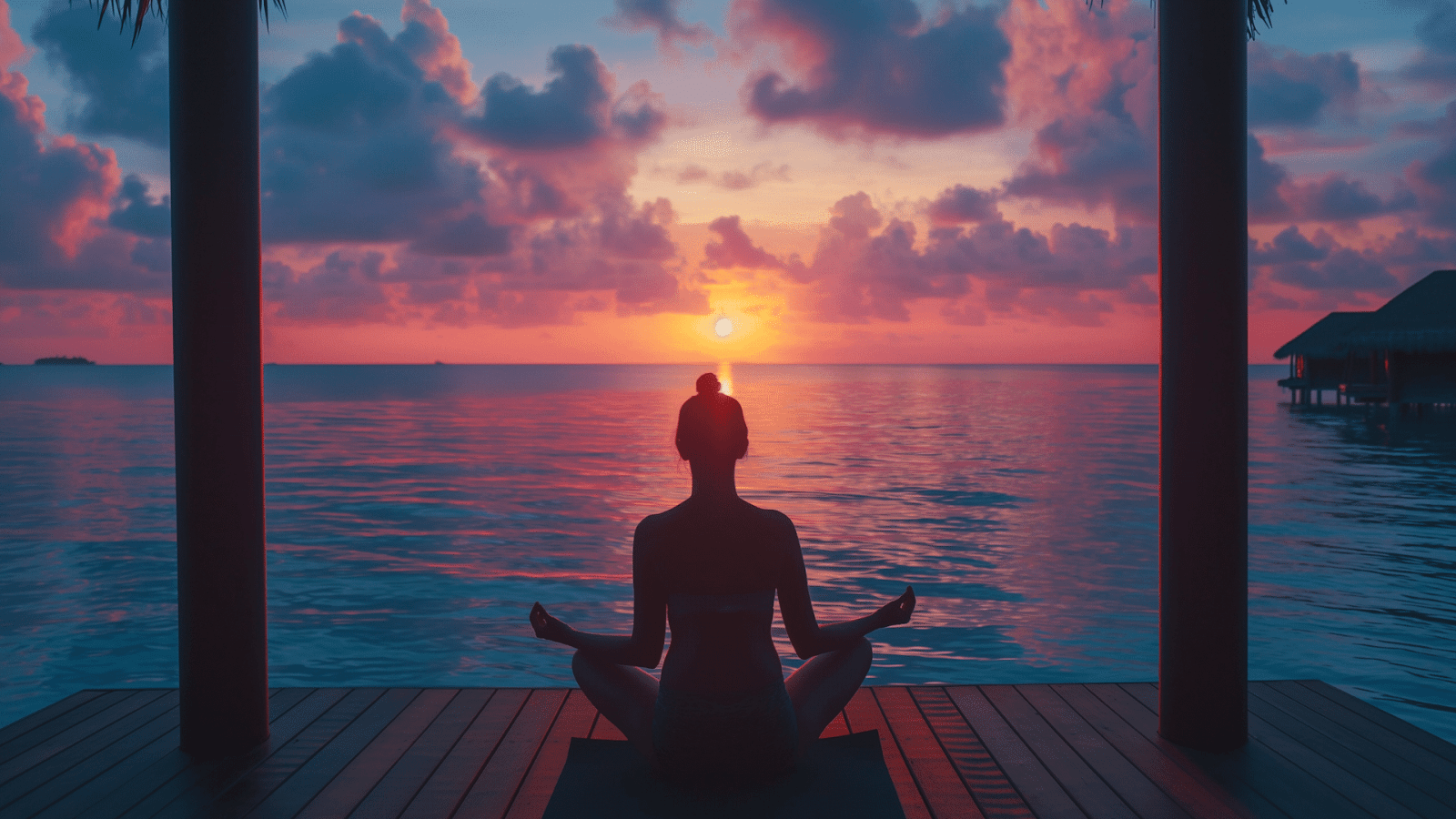 Woman meditating at sunset with an ocean view.