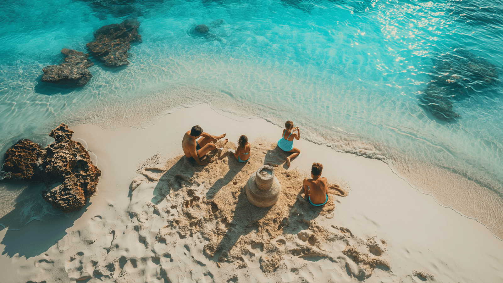 Family building a sandcastle and enjoying the clear turquoise waters of beaches in the Maldives.