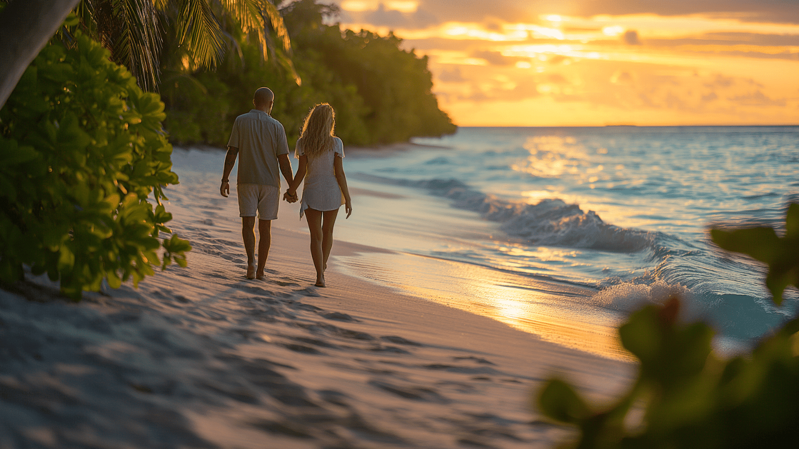 A couple walking hand in hand along the beach at sunset in the Maldives.