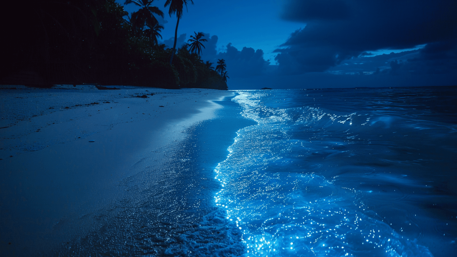 Bioluminescent plankton lighting up the beach at night, a must-see attraction in the Maldives.