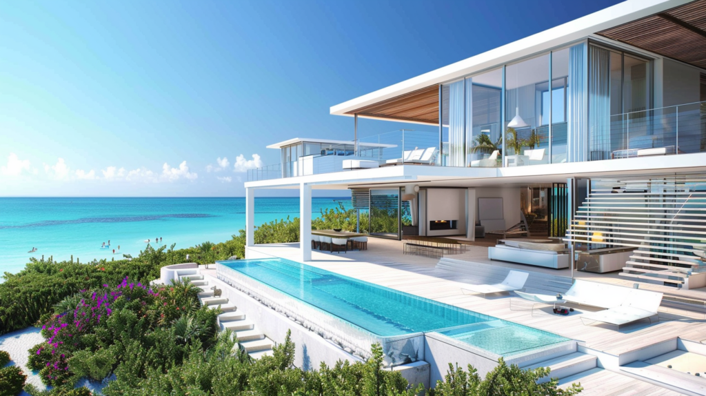 Luxurious villa in Turks and Caicos featuring minimalist modern architecture and breathtaking ocean views.