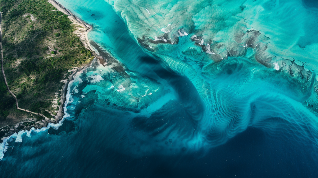 Aerial view showing the stunning contrast of turquoise and deep blue waters around Turks and Caicos.