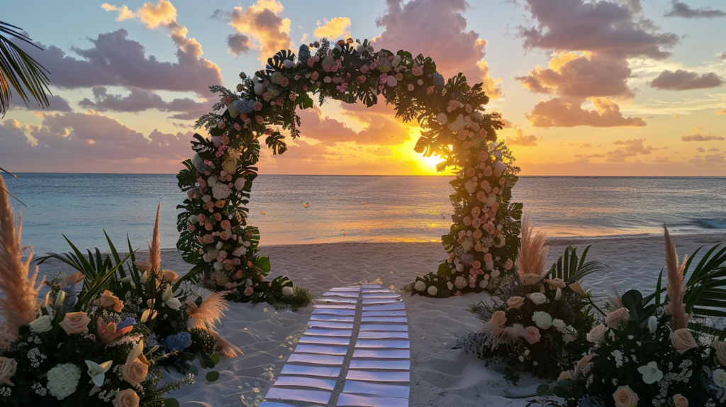 Romantic beach wedding setup in Turks and Caicos with a floral arch at sunset.