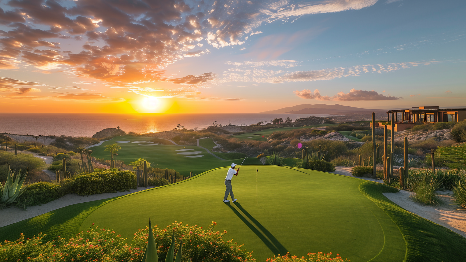 Golfer teeing off at Cabo del Sol Golf Club with sunrise colors in the background, Los Cabos, Mexico.