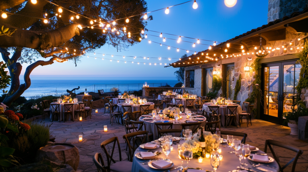 Elegant outdoor wedding reception in Turks and Caicos under string lights with an ocean view.