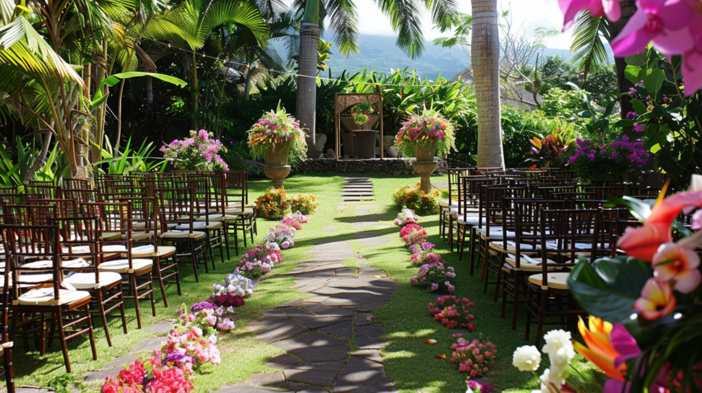 Intimate wedding ceremony in a lush tropical garden at a private villa in Turks and Caicos.