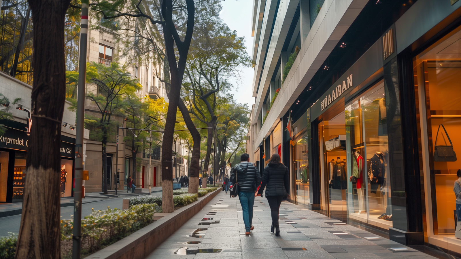 Luxury shopping street in Polanco, Mexico City, with shoppers browsing designer stores.