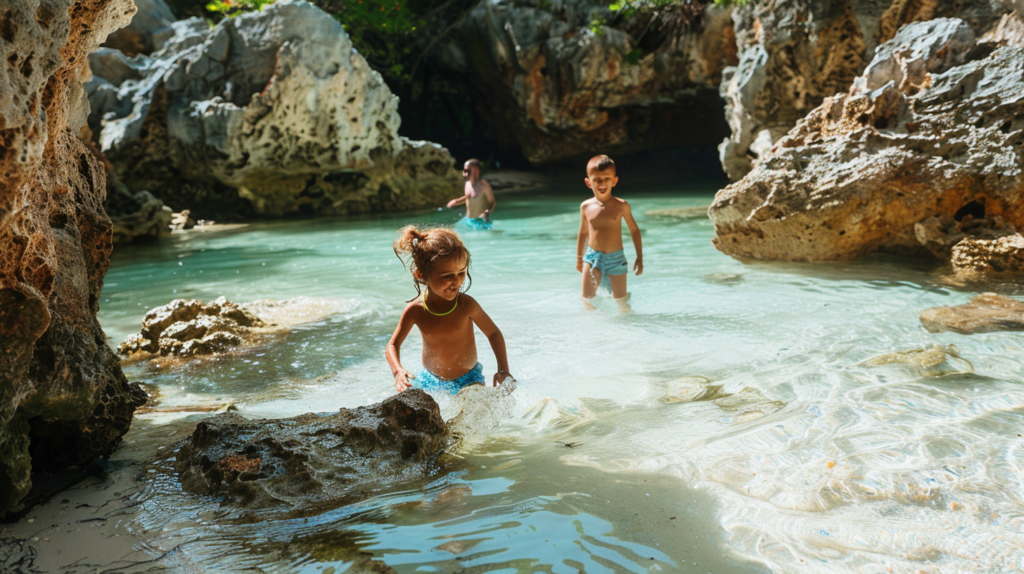 Children enjoying a swim in a secluded cove surrounded by natural rock formations in Turks and Caicos.