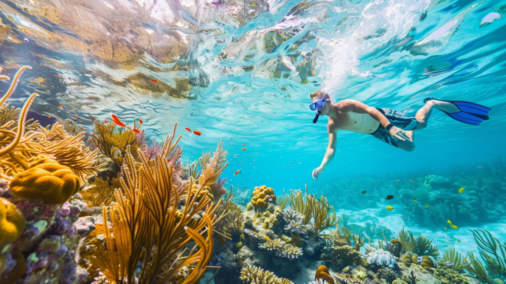 A snorkeler exploring the colorful coral reefs near Providenciales in Turks and Caicos.