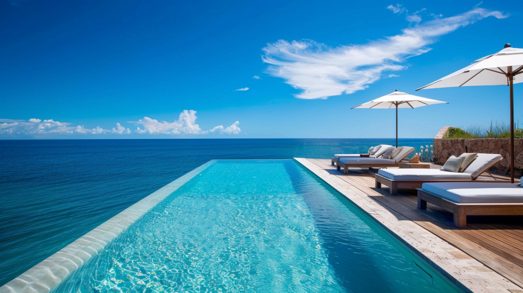 An infinity pool at a luxury vacation rental overlooking the Caribbean Sea in Turks and Caicos.