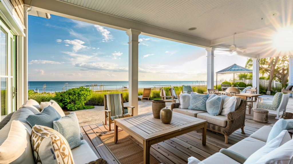 A summer home with a spacious veranda overlooking the beach in Turks and Caicos.