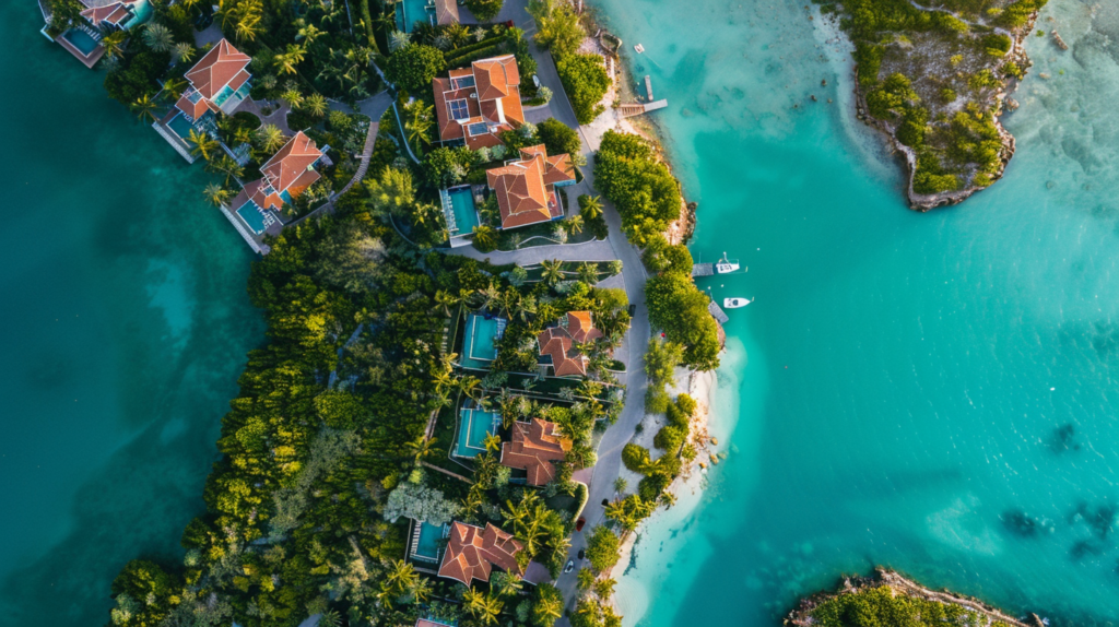 An aerial view of a summer home community near turquoise waters in Turks and Caicos.
