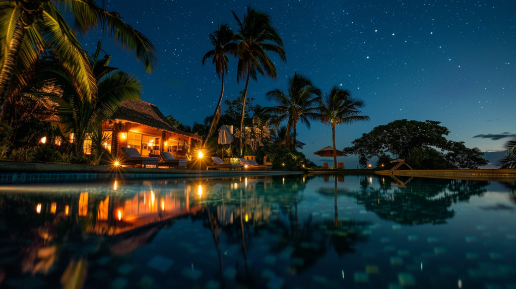 A night view of a pool reflecting palm trees and stars at a vacation rental in Turks and Caicos.