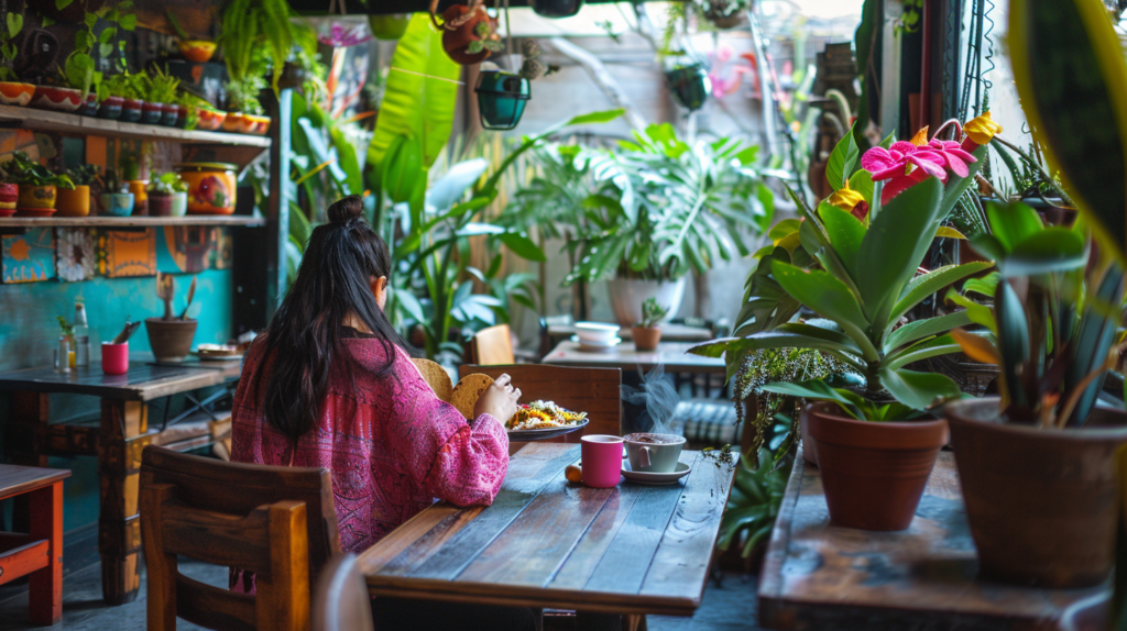 A traveler enjoys a tranquil breakfast of pink tacos at La Pitahaya Vegana, basking in the morning light that fills the vibrant space.