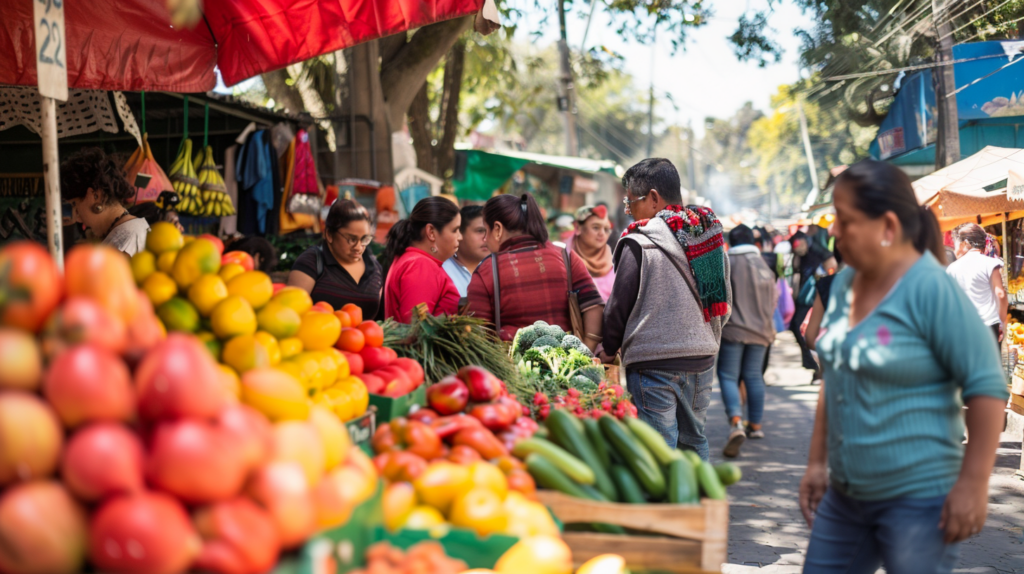 Travelers explore a lively local market near La Pitahaya Vegana, engaging with vendors and discovering the rich array of organic and artisanal vegan products.
