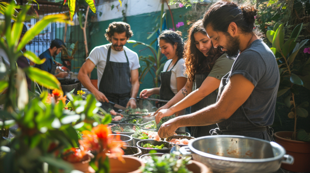 A lively cooking workshop at La Pitahaya Vegana, where travelers learn to make signature pink tacos amidst laughter and the natural beauty of the patio.