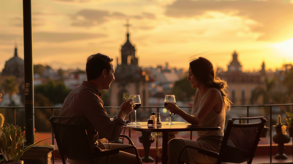 A couple shares a romantic, plant-based meal at sunset on the rooftop of La Pitahaya Vegana in Coyoacán, with Mexico City's historic architecture glowing in the background.