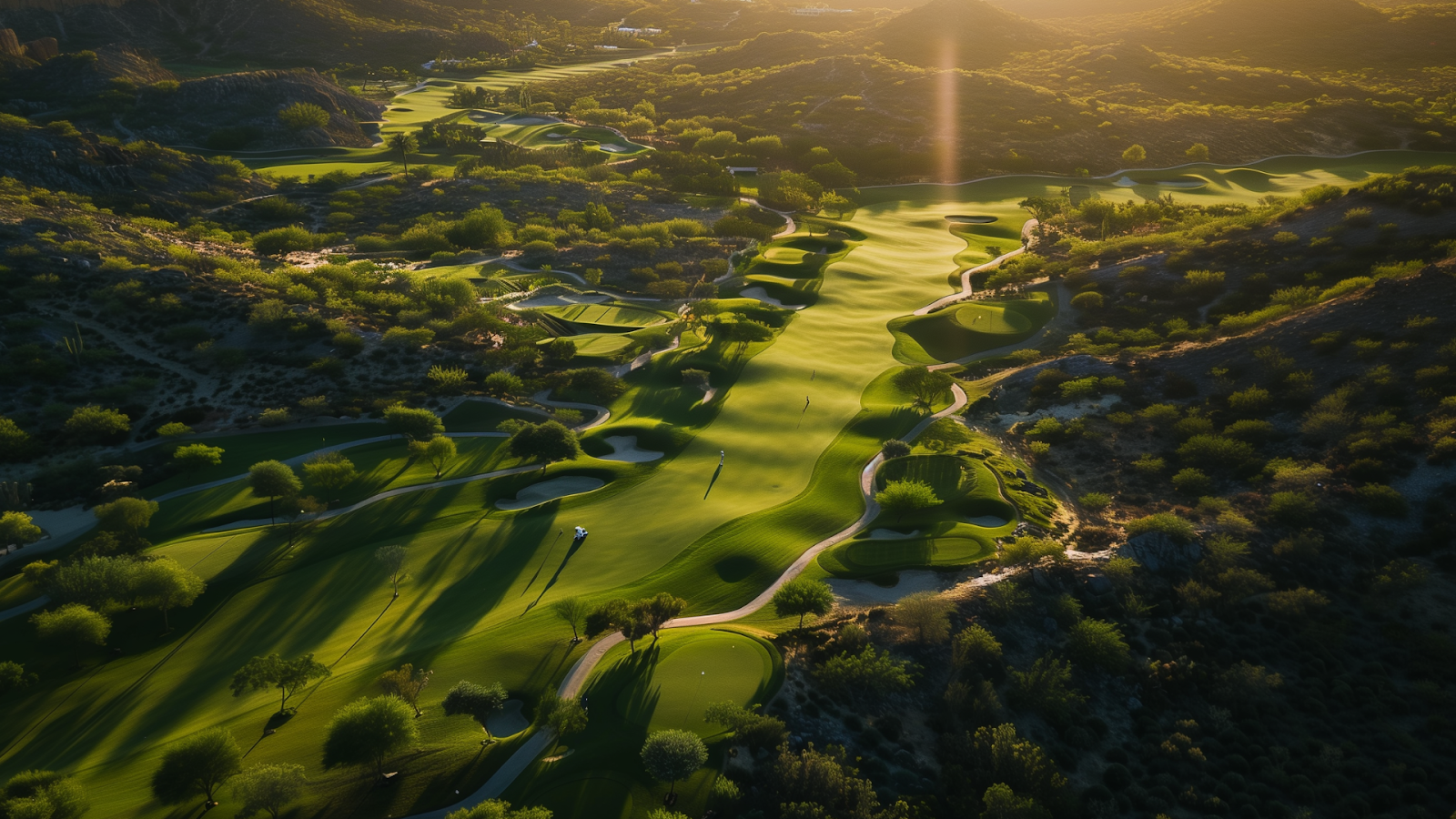 Early morning aerial view of a golf course in Los Cabos with golfers in action.