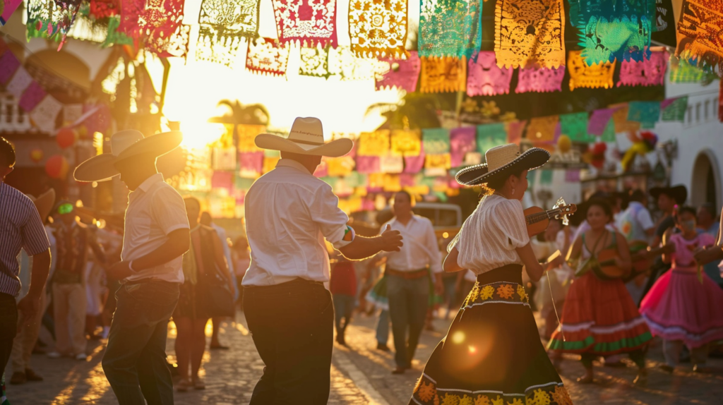 Locals dressed in traditional Mexican attire dancing to mariachi music at a street festival in Puerto Vallarta, with colorful decorations overhead.
