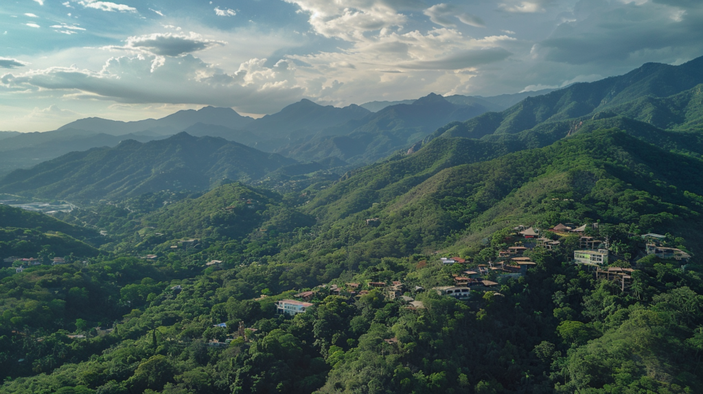 Aerial view of the lush green Sierra Madre Mountains surrounding Puerto Vallarta under the bright midday sun.