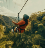 Adventure enthusiasts zip-lining at high speed through the dense green canopy of Puerto Vallarta's jungle.