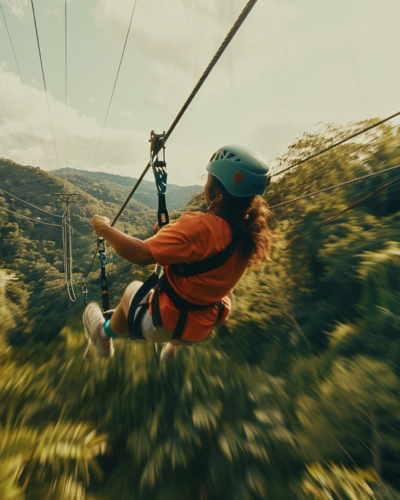 Adventure enthusiasts zip-lining at high speed through the dense green canopy of Puerto Vallarta's jungle.