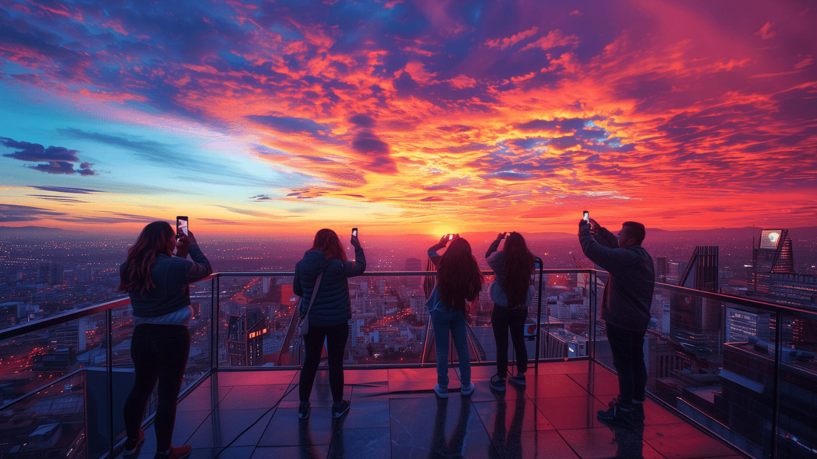 Group capturing the vibrant sunrise from a city rooftop in Mexico City