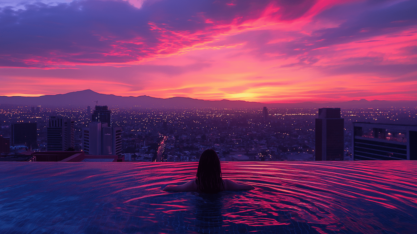 Woman enjoys a tranquil sunset from an infinity pool overlooking the expansive Mexico City skyline