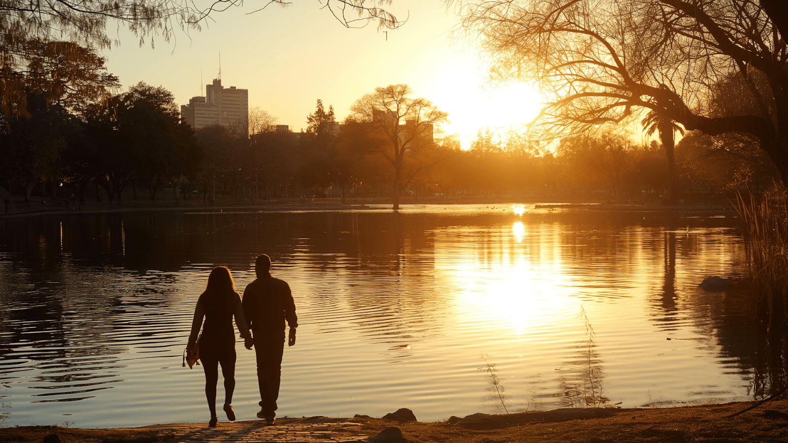Couple embracing at sunset by a lake, a romantic sunset spot
