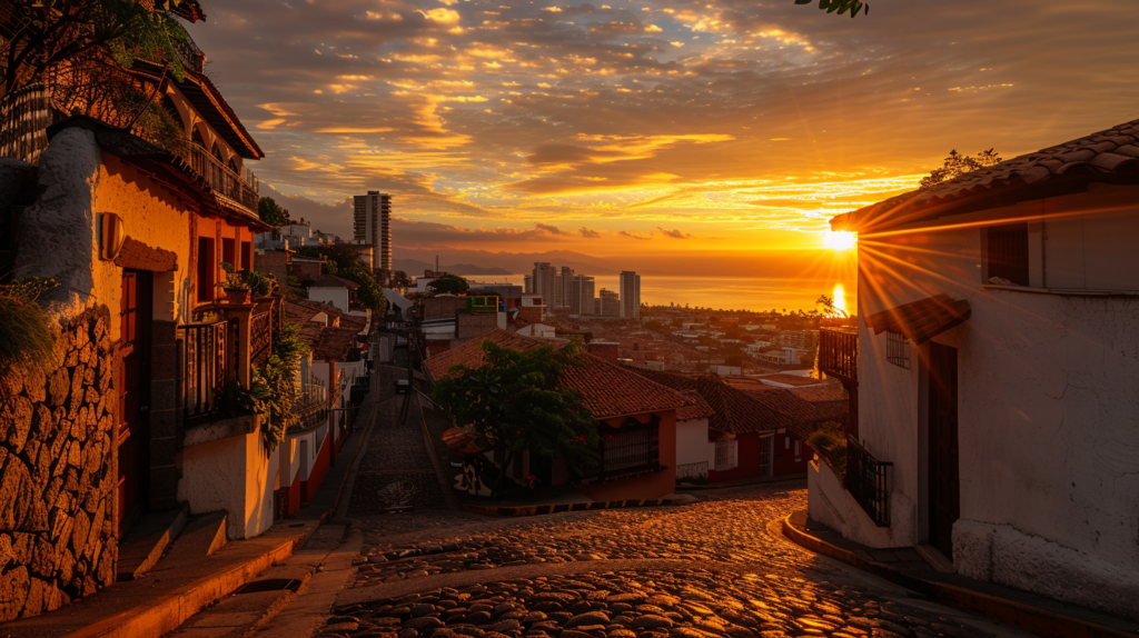 Golden sunrise casting light over the cobblestone streets viewed from Mirador Cerro de la Cruz in Puerto Vallarta.