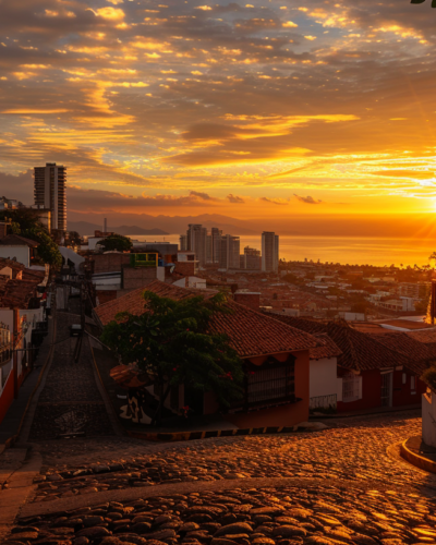 Golden sunrise casting light over the cobblestone streets viewed from Mirador Cerro de la Cruz in Puerto Vallarta.